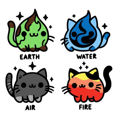 4 cats that represent the different elements, earth, water, air, and fire