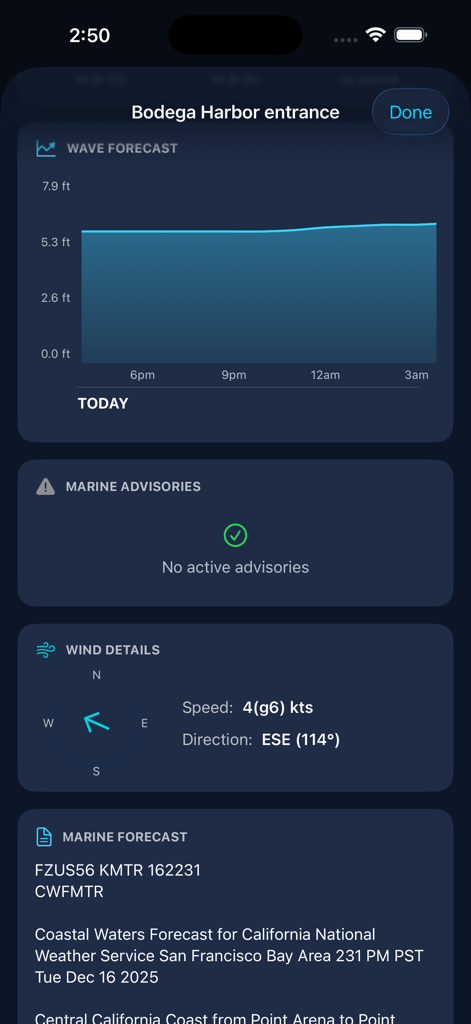 NOAA Tides - Panel de pronóstico meteorológico marino en la aplicación NOAA Tides que muestra el gráfico de pronóstico de olas y detalles del viento para el puerto de Bodega.