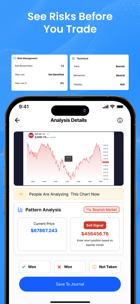 SnapTrader: AI Trade Analyzer - SnapTrader app interface showing AI technical analysis and risk management data for a trading chart
