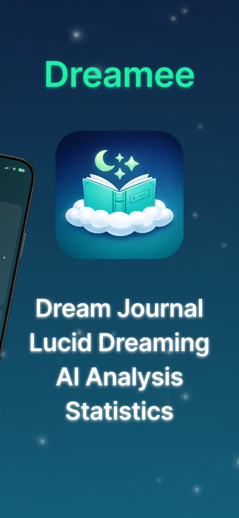 Dreamee - Dream Journal - Interface do aplicativo Dreamee exibindo recursos como diário de sonhos, sonhos lúcidos, análise de IA e estatísticas.