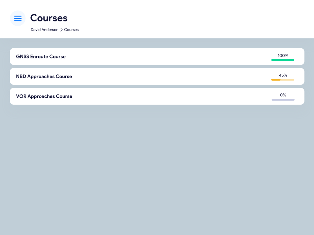 Check and Train app courses dashboard showing aviation training progress bars