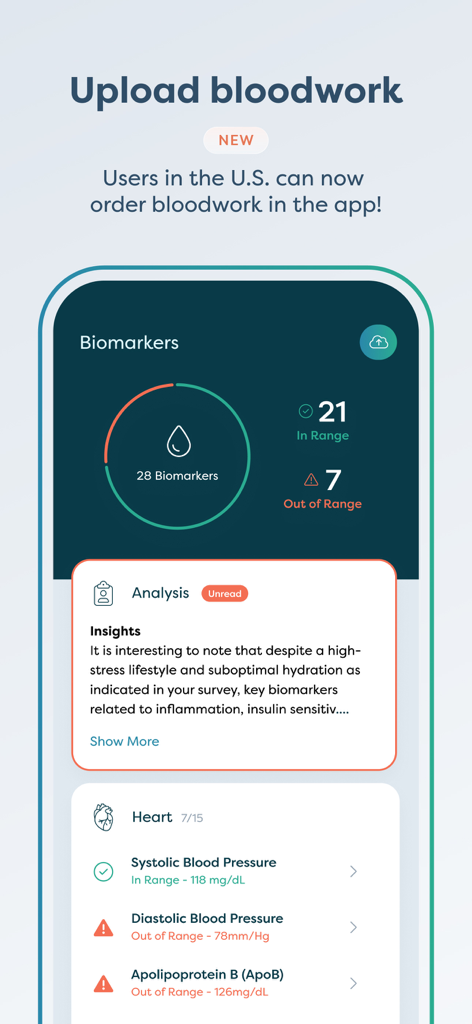 Death Clock AI health app biomarker dashboard showing bloodwork analysis and heart health metrics