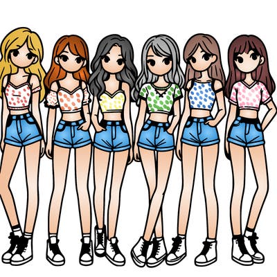 a group of girls wearing crop tops and shorts