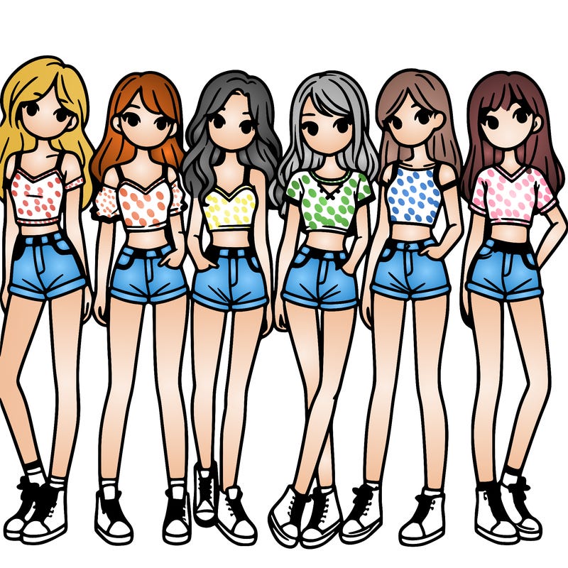 a group of girls wearing crop tops and shorts
