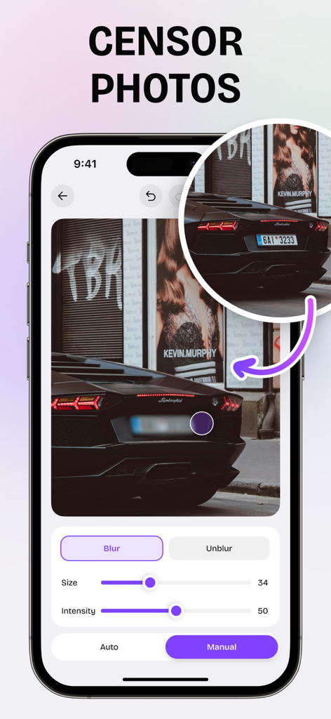 Blur Background: Photo Retouch - Interface de um aplicativo de edição de fotos mostrando uma ferramenta de desfoque manual sendo usada para censurar uma placa de carro