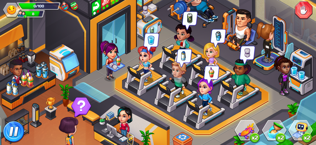 Happy Fitness: Gym Game - トレッドミルで運動するキャラクターとスムージーバーのスタッフがいる、活気のあるバーチャルジム管理ゲームのアイソメトリックビュー