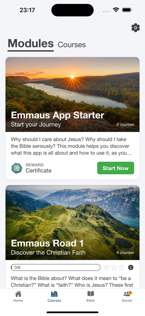 Interface of the Emmaus app displaying Bible study modules and learning courses.