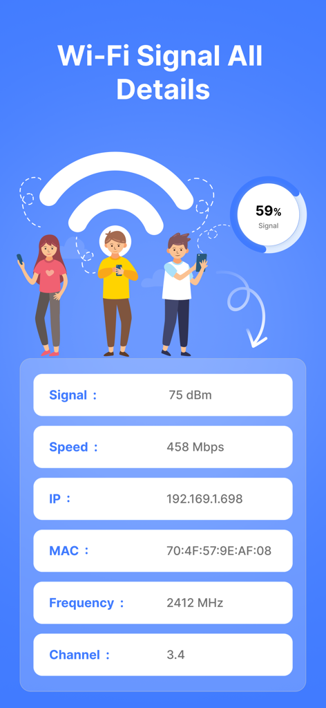 All Router Wifi Passwords - Interfaz de la aplicación móvil que muestra estadísticas detalladas de la señal WiFi, incluida la intensidad de la señal, la velocidad y la configuración de la red