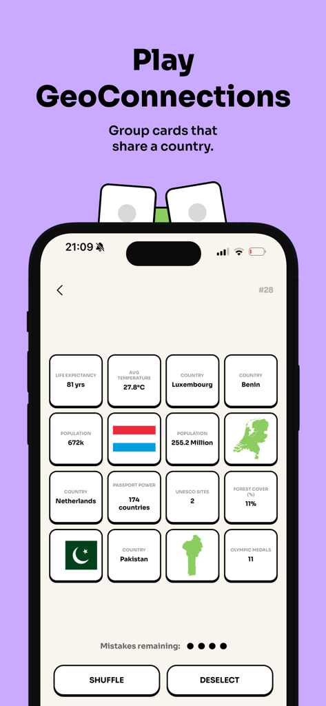 GeoTriviaアプリのGeoConnectionsゲーム画面。プレイヤーがカードを国別にグループ化しています。