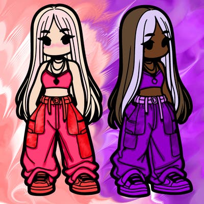 girl in baggy pants crop top and long hair