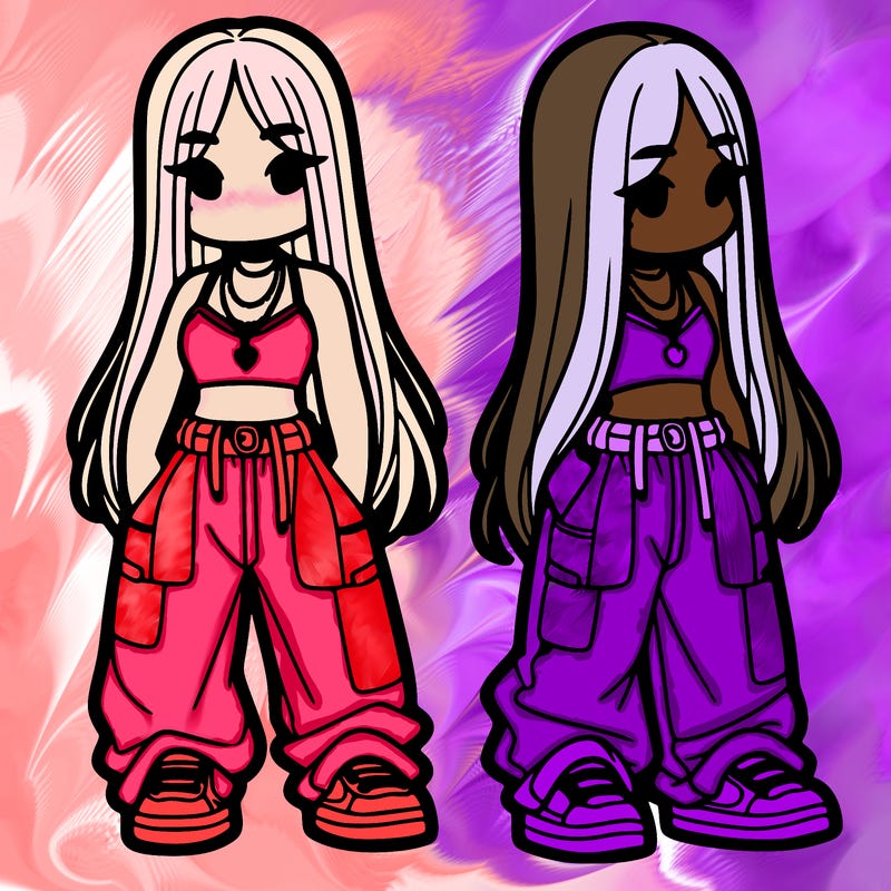 girl in baggy pants crop top and long hair