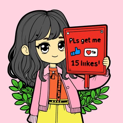 realistic girl holding up a sign that says “pls get me to 15 likes!”