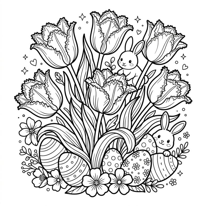 Dive into the joy of spring with this delightful Easter coloring page, showcasing elegant fringed tulips alongside playful bunnies and intricately decorated eggs. It's the perfect activity to celebrate the season of renewal and creativity.
