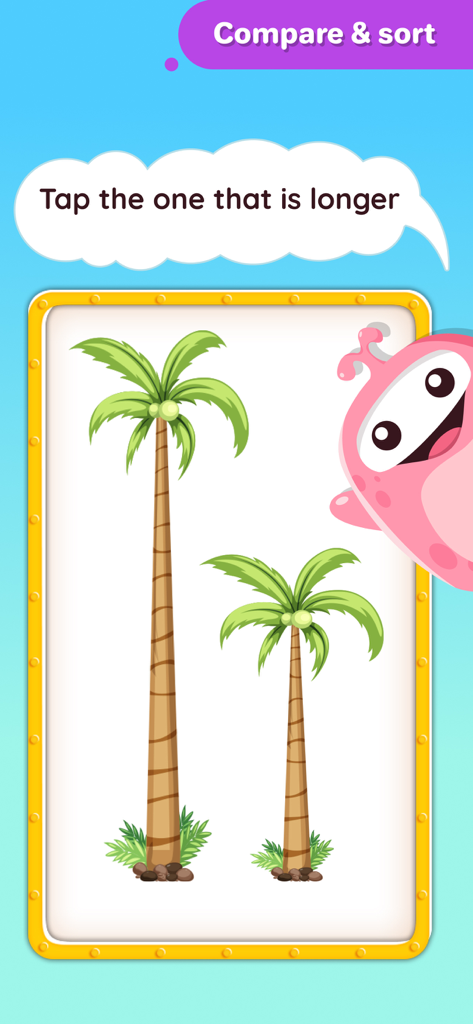 Splash Jr: PreK & Kindergarten - Educational game screen from Splash Jr app showing two palm trees with instructions to tap the longer one