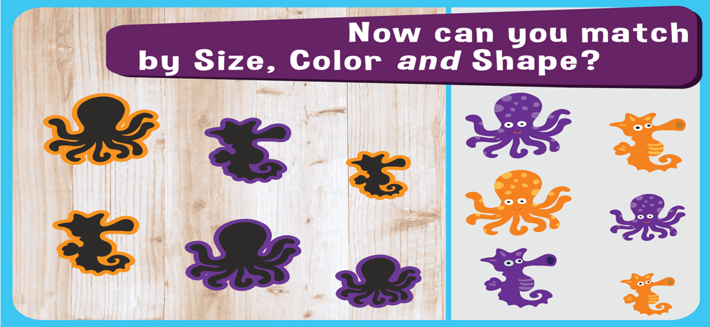 A cognitive matching exercise for children to identify sea creatures by size color and shape