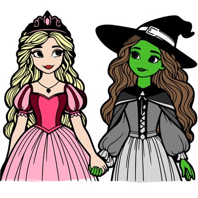 a princess and a witch holding hands realistic