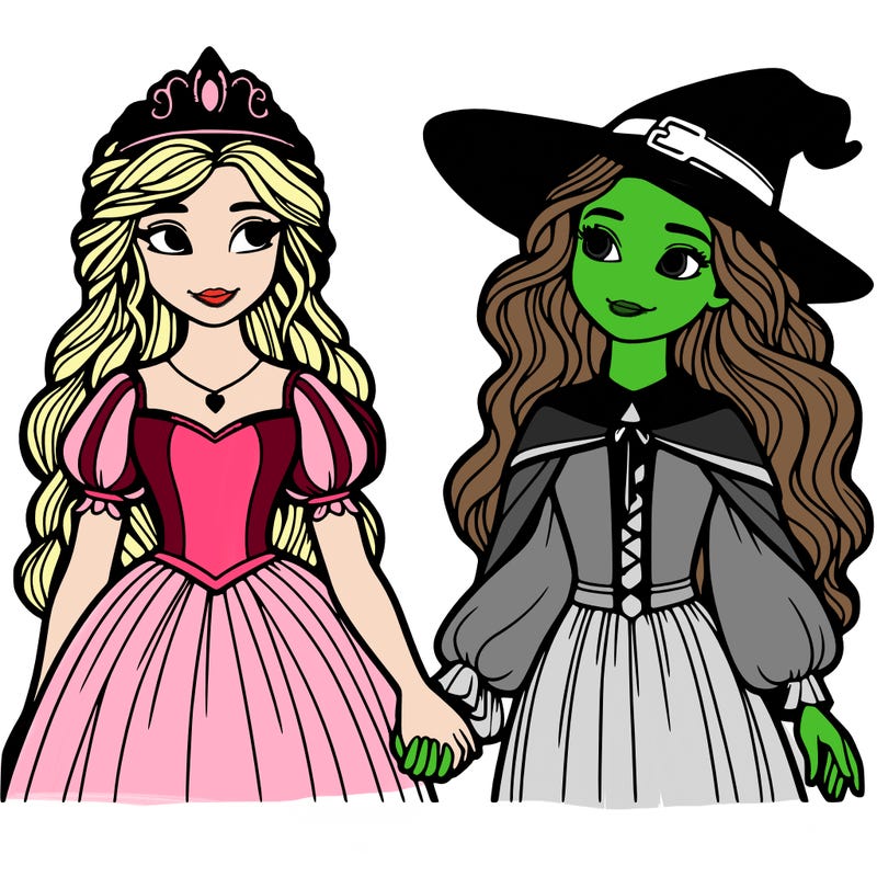 a princess and a witch holding hands realistic