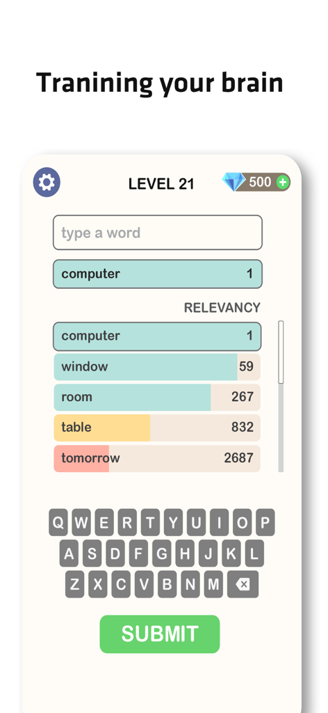 Mobile gameplay of Contexto showing word relevancy rankings and brain training challenge