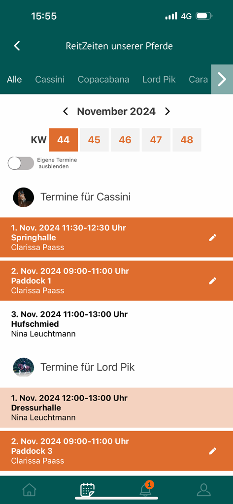 ReitZeit mobile app interface showing a schedule for horse riding arena and paddock bookings