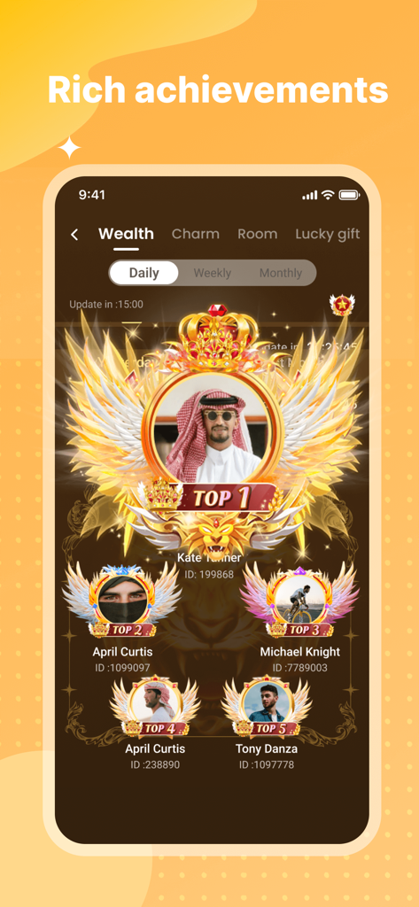 Ayome app interface showing the daily wealth leaderboard with top ranked users and decorative achievements