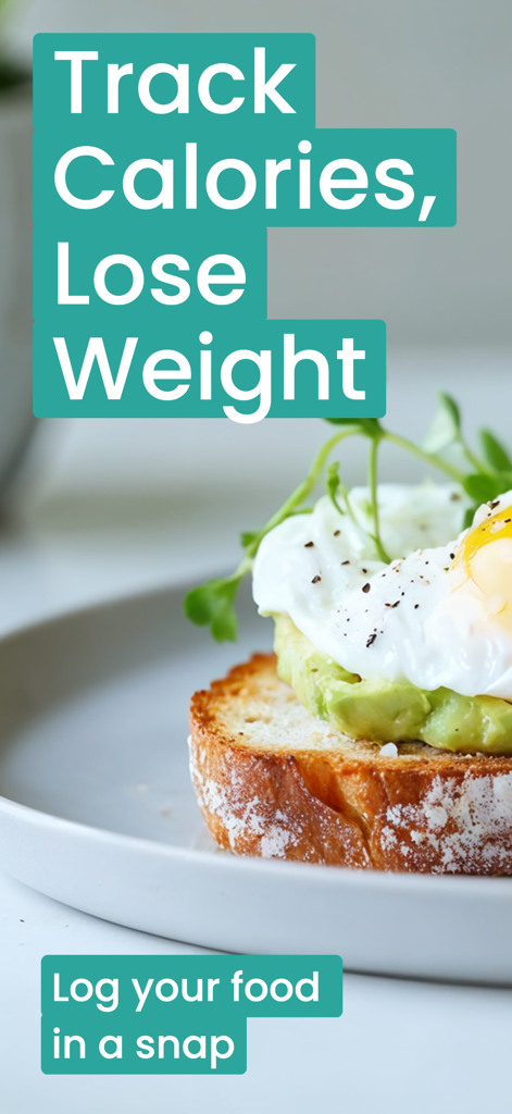 NutriPic: AI Calorie Counter - Schermata promozionale dell'app NutriPic che mostra toast con avocado, uovo in camicia e testo sul conteggio delle calorie e la perdita di peso.