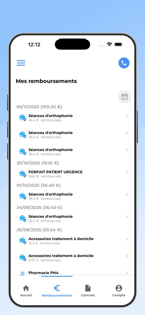 HEYME 뮤추얼의 모바일 앱 인터페이스, 다양한 의료 서비스에 대한 건강 보험 환급금 상세 목록 표시