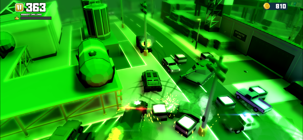 Top-down view of a high-speed police chase with a green night vision filter featuring cars and a tank in Reckless Getaway 2.