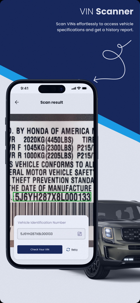 Smartphone digitalizando um número de identificação do veículo para histórico e especificações instantâneas do carro.