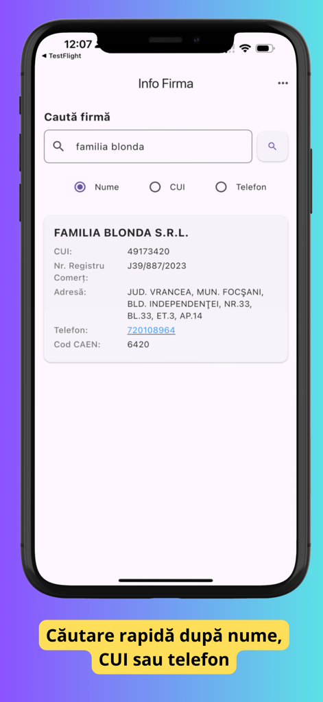 Search interface of Lista Firme Romania showing company details like CUI address and phone number for a Romanian business
