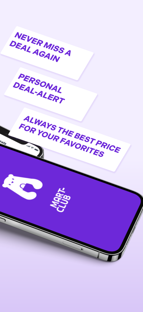Mart-Club - Mart Club mobile app splash screen highlighting personal deal alerts and price comparison features
