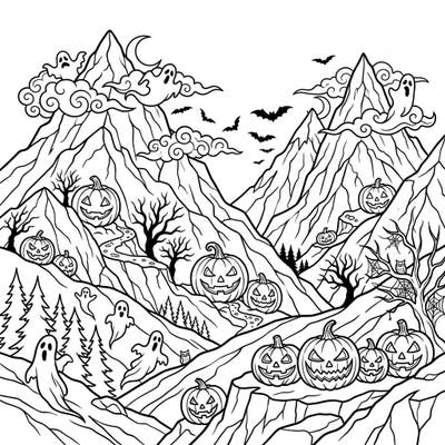 Embark on a thrilling coloring journey through a haunted mountain range where Halloween spirits roam. This unique page blends the grandeur of alpine landscapes with classic spooky delights, perfect for a festive challenge.