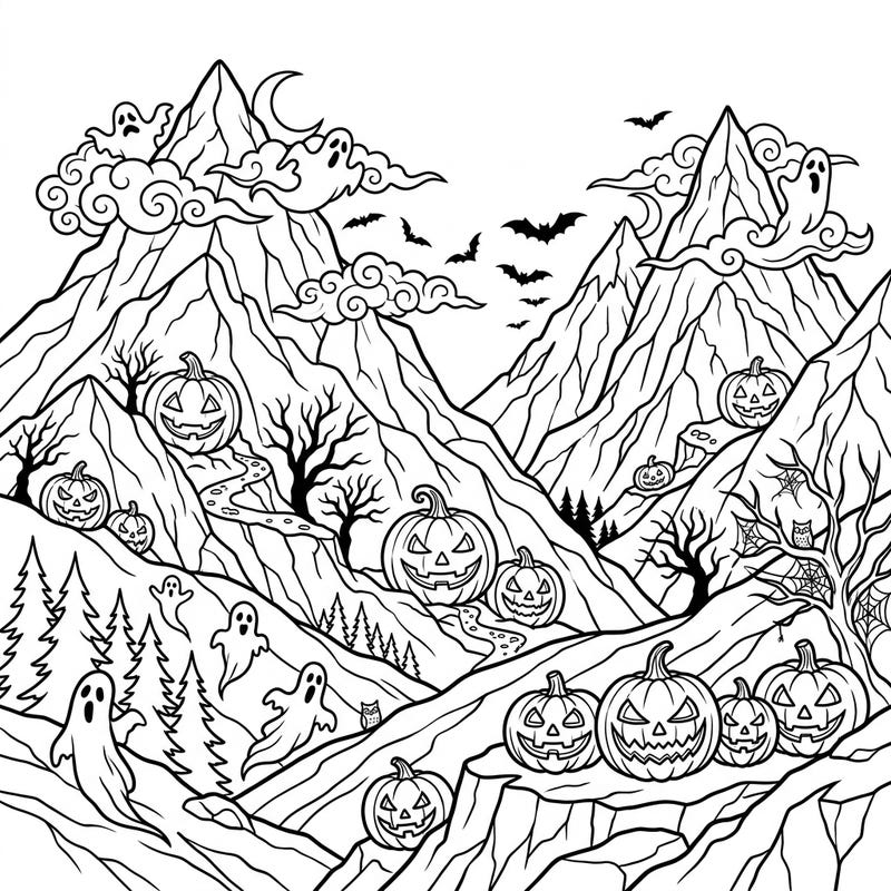 Embark on a thrilling coloring journey through a haunted mountain range where Halloween spirits roam. This unique page blends the grandeur of alpine landscapes with classic spooky delights, perfect for a festive challenge.