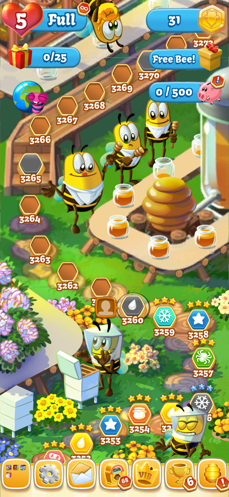 Bee Brilliant - Bee Brilliant game screen showing a vertical level progression map with cartoon bees in a garden setting