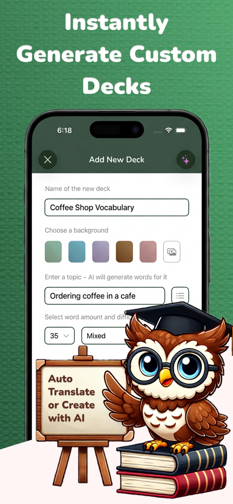 Vocabulary Flashcards: Vocabu - Interface of the Vocabu app showing AI generation of a custom coffee shop vocabulary deck