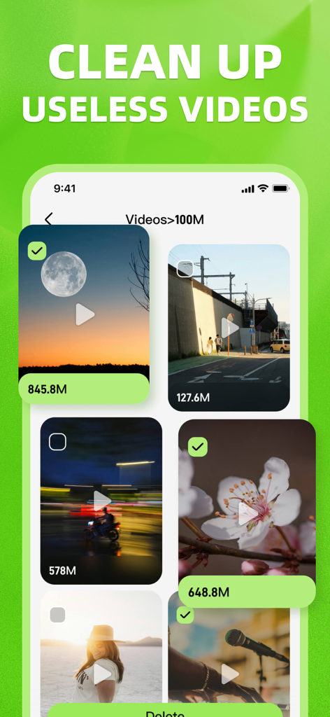 PhotoKit: Cleanup your storage - ストレージスペースを解放するために削除対象として選択された大きなビデオファイルを示すPhotoKitアプリのインターフェース