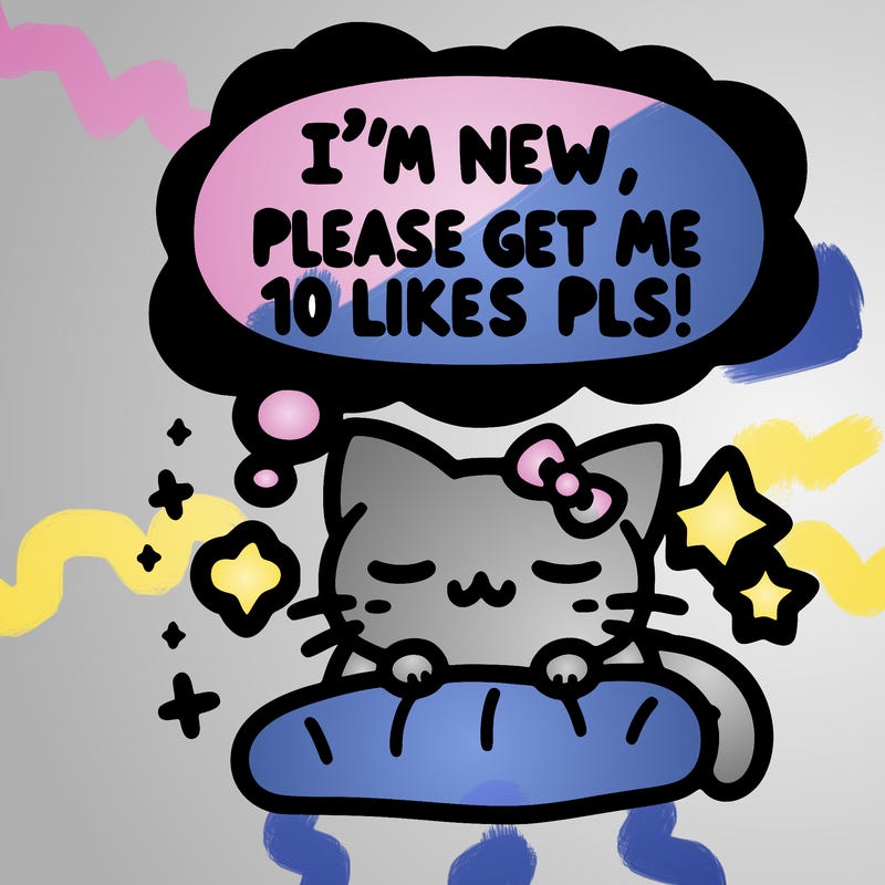 kitty taking a nap dream talking and saying "i'm new, please get me at least 10 likes pls!!"