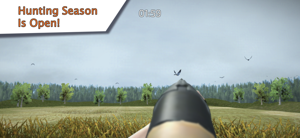 First person view of aiming a shotgun at birds in a realistic hunting simulation