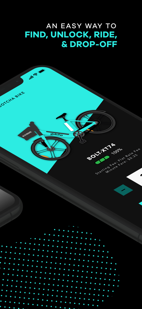 A smartphone displaying the Gotcha Technologies app interface with a teal electric bike ready for rent.