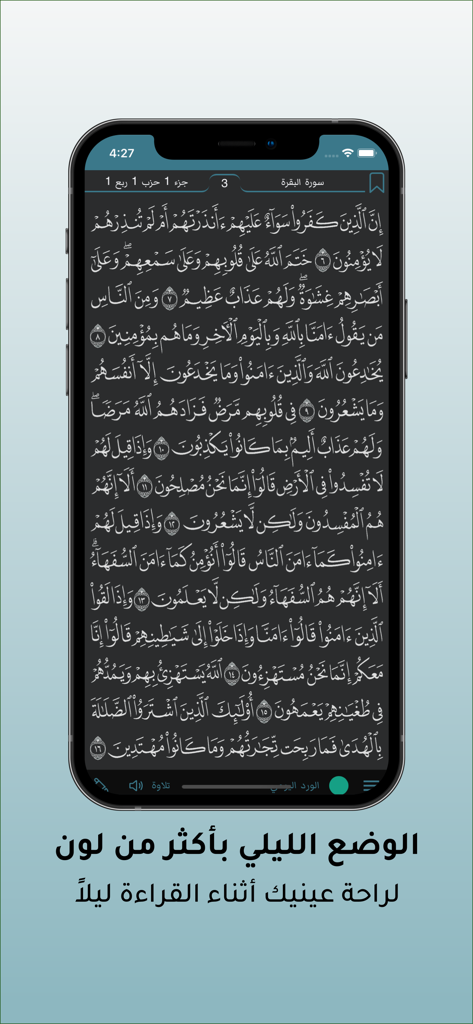 Quran app interface showing dark theme for night reading