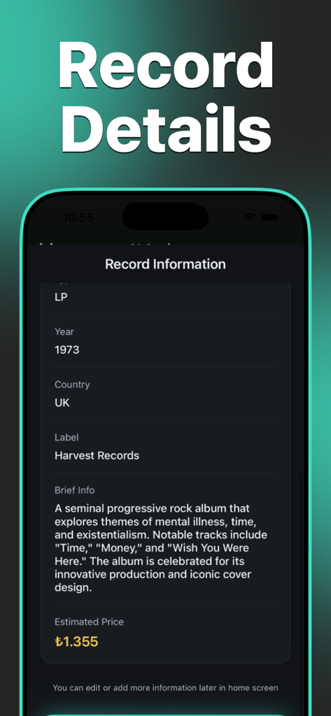 Record Scanner & Vinyl - CD - Mobile app screen showing detailed record information including release year country label and estimated market value