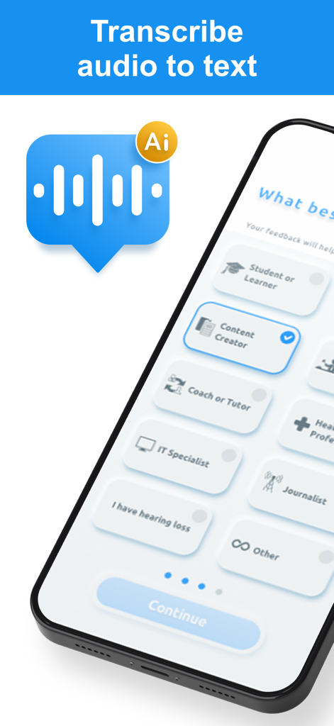 Transcribe Audio to Text – AI - Pantalla de incorporación de la aplicación móvil para una herramienta de transcripción de IA que muestra la selección de roles profesionales, incluidos Creador de Contenido y Estudiante