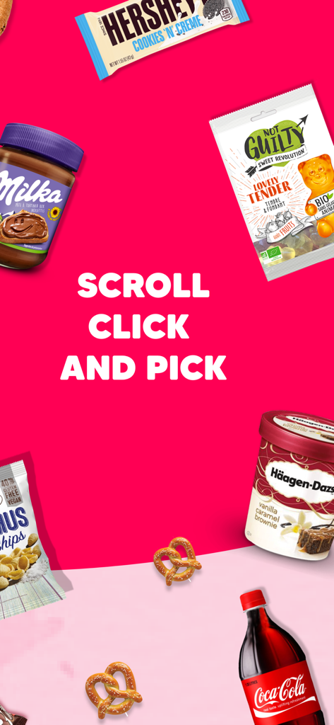 Munchy - Promotional graphic for Munchy app featuring various snacks like ice cream and chocolate with the text Scroll Click and Pick