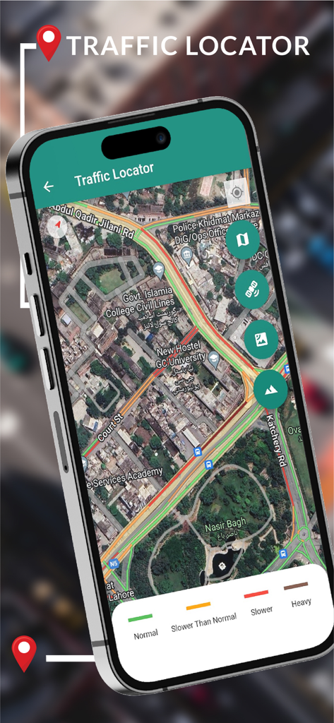 Live Satellite View & Maps - iPhone-Bildschirm mit der Verkehrsfunk-Funktion und farbcodierter Straßenverkehrsstörung auf einer Satellitenkarte.