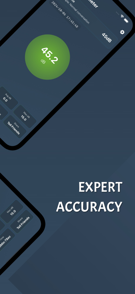 Decibel Meter: Expert Accuracy - Decibel Meter app interface showing a sound level measurement of 45.2 decibels with the text Expert Accuracy