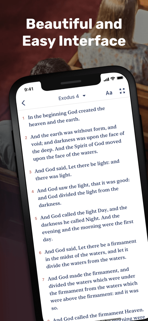 The Bible App-Daily study - Mobile app screenshot showing a clean reading interface with Exodus Bible verses and the text Beautiful and Easy Interface