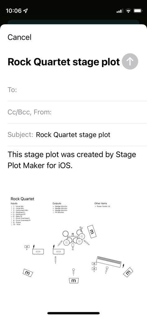 Email sharing screen for a rock quartet stage plot showing technical input lists and instrument symbols.