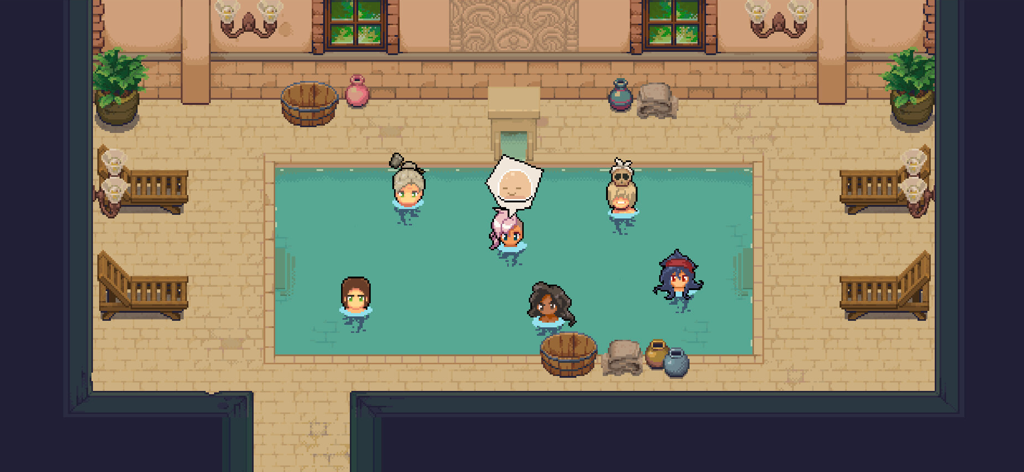 Potion Permit - Pixel art characters relaxing and socializing in an indoor bathhouse pool in Potion Permit