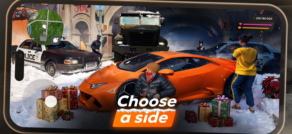Vibe City — online RP - A snowy street scene in Vibe City showing a shootout between criminals and police around an orange sports car with the text Choose a side.