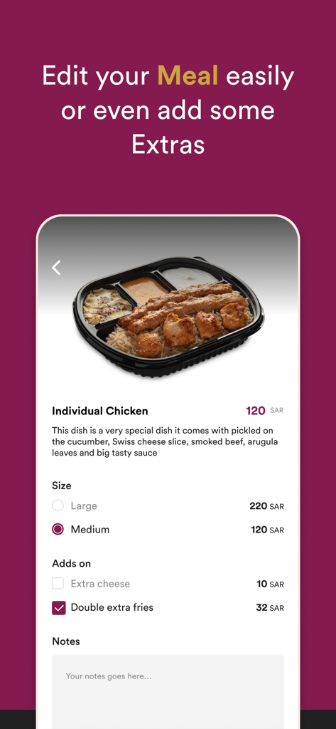 Ennabi Grill | المشوي العنابي - Interface of the Ennabi Grill app showing meal customization options like size and extra fries