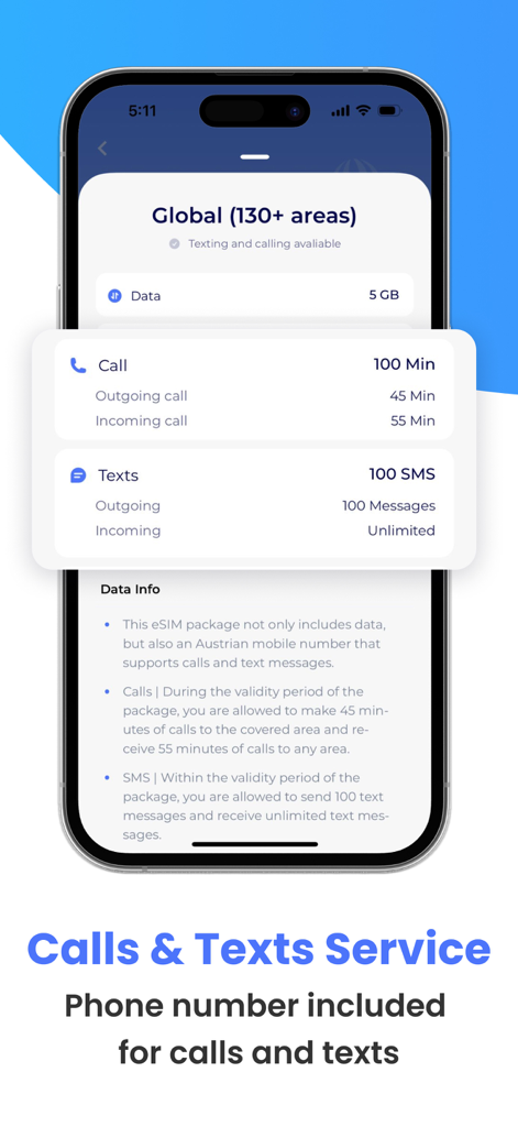 RedteaGO: eSIM Travel Internet - RedteaGO app interface on iPhone showing a global eSIM plan including data, calls, and texts with a phone number.